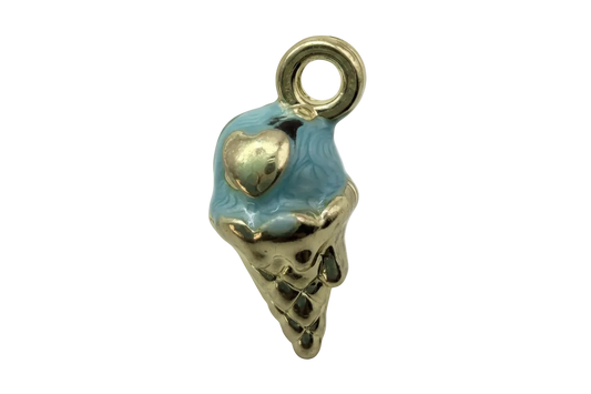 Gold ice cream cone with powder blue enamel scoop and small heart detail