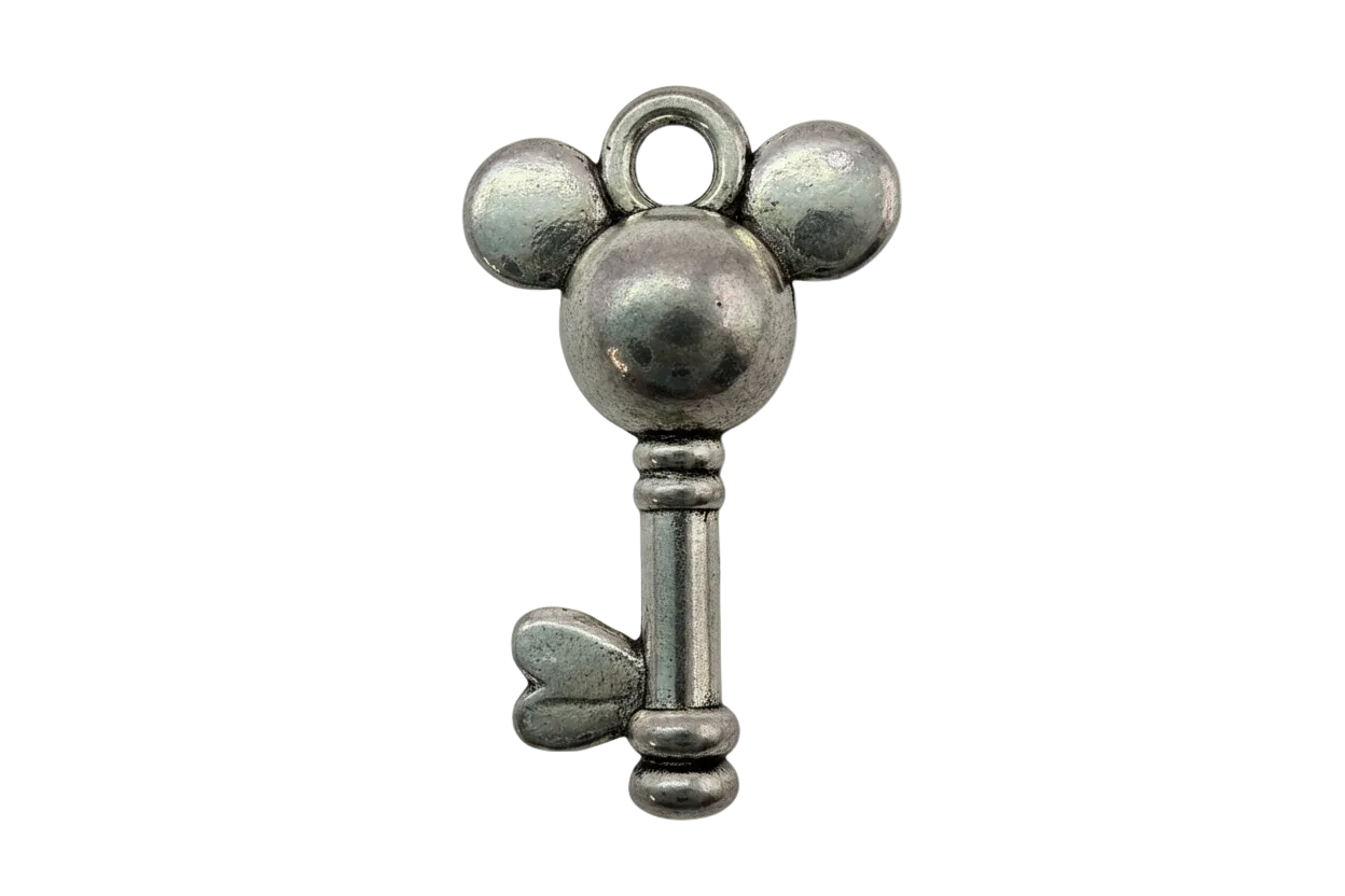 Polished silver mouse-ear key charm with rounded ears and smooth reflective finish