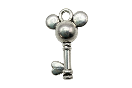 Polished silver key with rounded three-orb top and heart-shaped bit