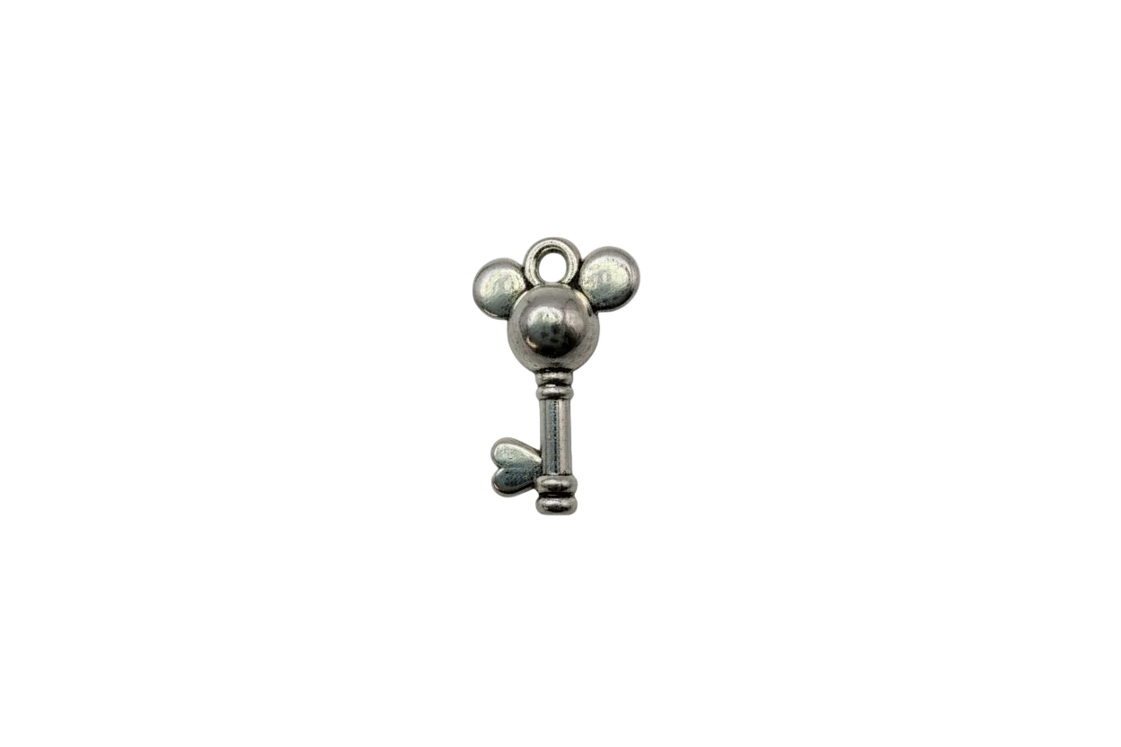 Silver key with rounded three-orb top and heart-shaped bit