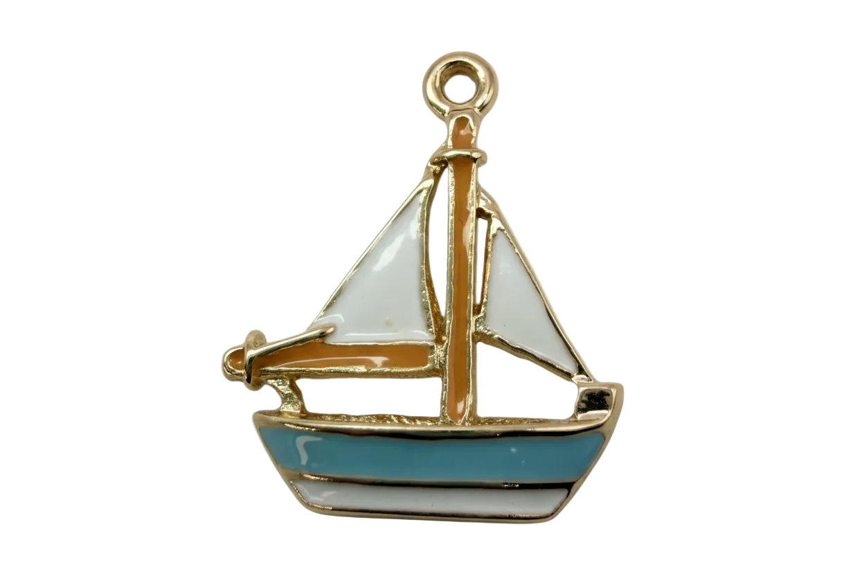 Blue and white enamel sailboat with gold detailing
