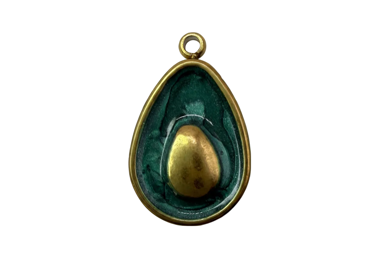 Glossy avocado half charm in deep green with a gold pit and gold frame