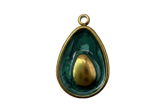 Glossy avocado half charm in deep green with a gold pit and gold frame