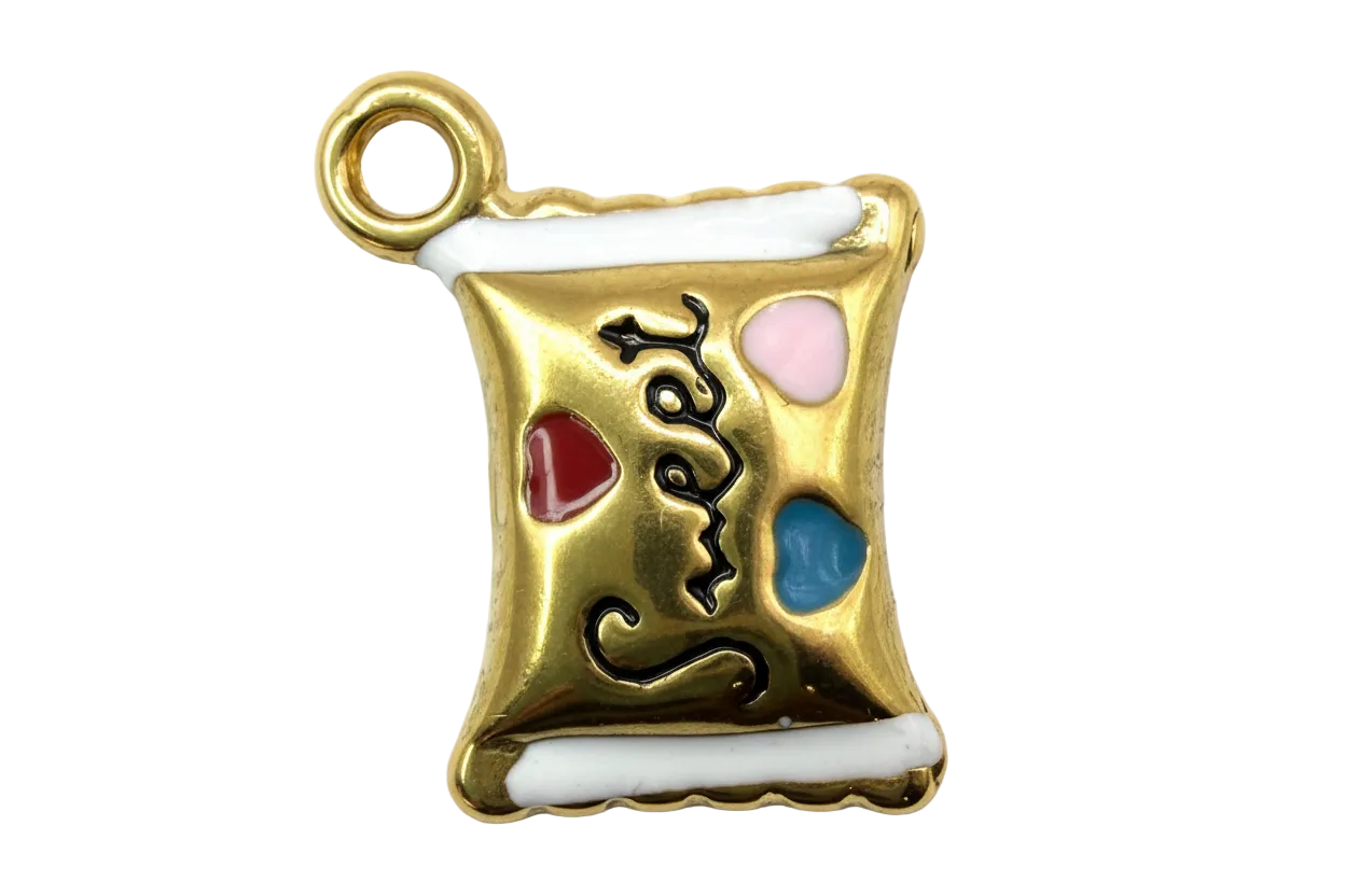 Gold love scroll with white enamel trim, black script, and red, pink, and blue heart accents