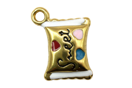 Gold love scroll with white enamel trim, black script, and red, pink, and blue heart accents