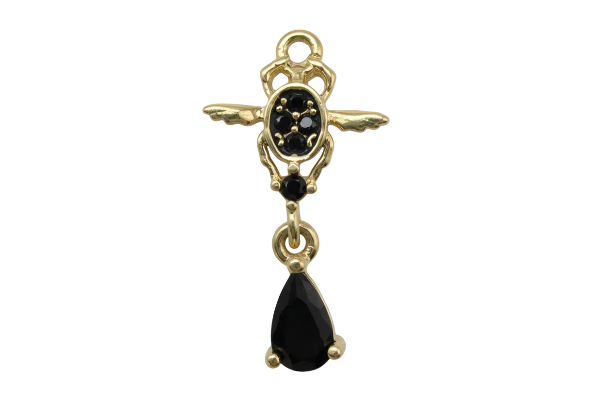 Gold winged cross charm with black crystal cluster and faceted black teardrop gem