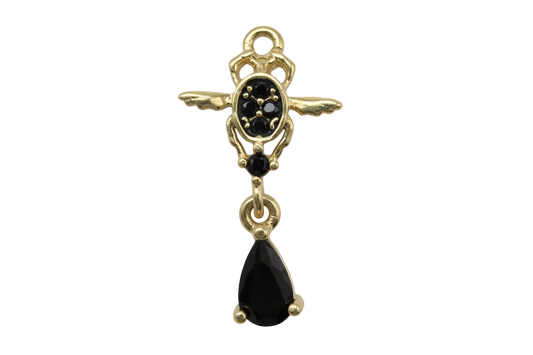 Gold winged cross charm with black crystal cluster and faceted black teardrop gem