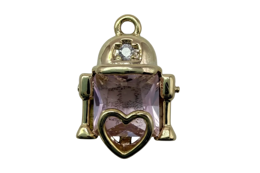 Gold robot charm with faceted lavender rectangular gem, heart detail, and small clear gem accent