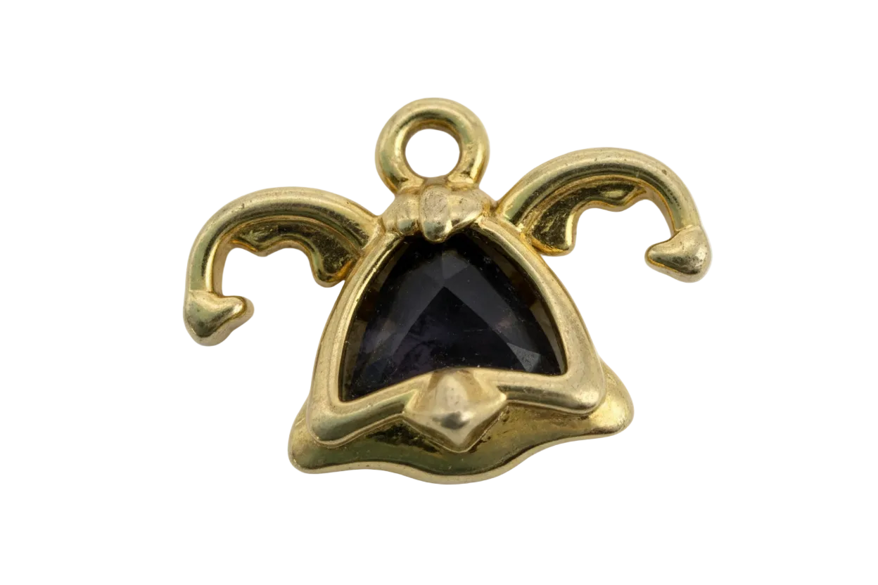 Gold jester hat charm with a black faceted triangular gem