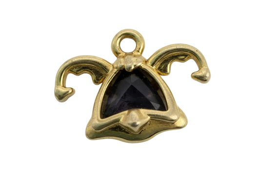 Gold jester hat charm with a black faceted triangular gem