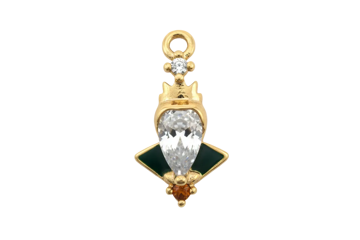 Gold bat charm with faceted clear marquise crystal and small orange accent stone