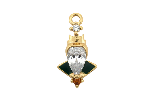 Gold bat charm with faceted clear marquise crystal and small orange accent stone