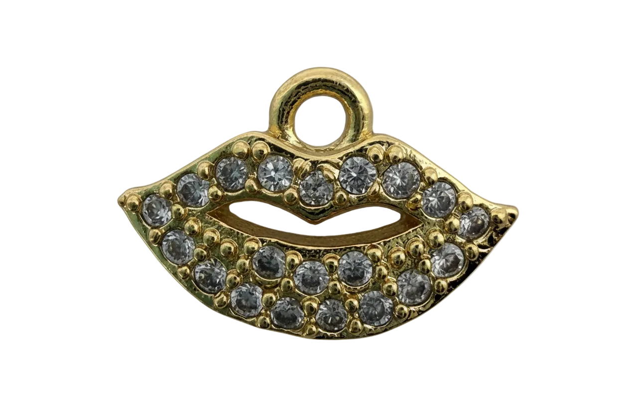Gold lips charm with pavé clear crystals and polished finish