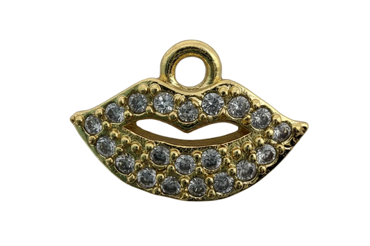 Gold lips charm with pavé clear crystals and polished finish