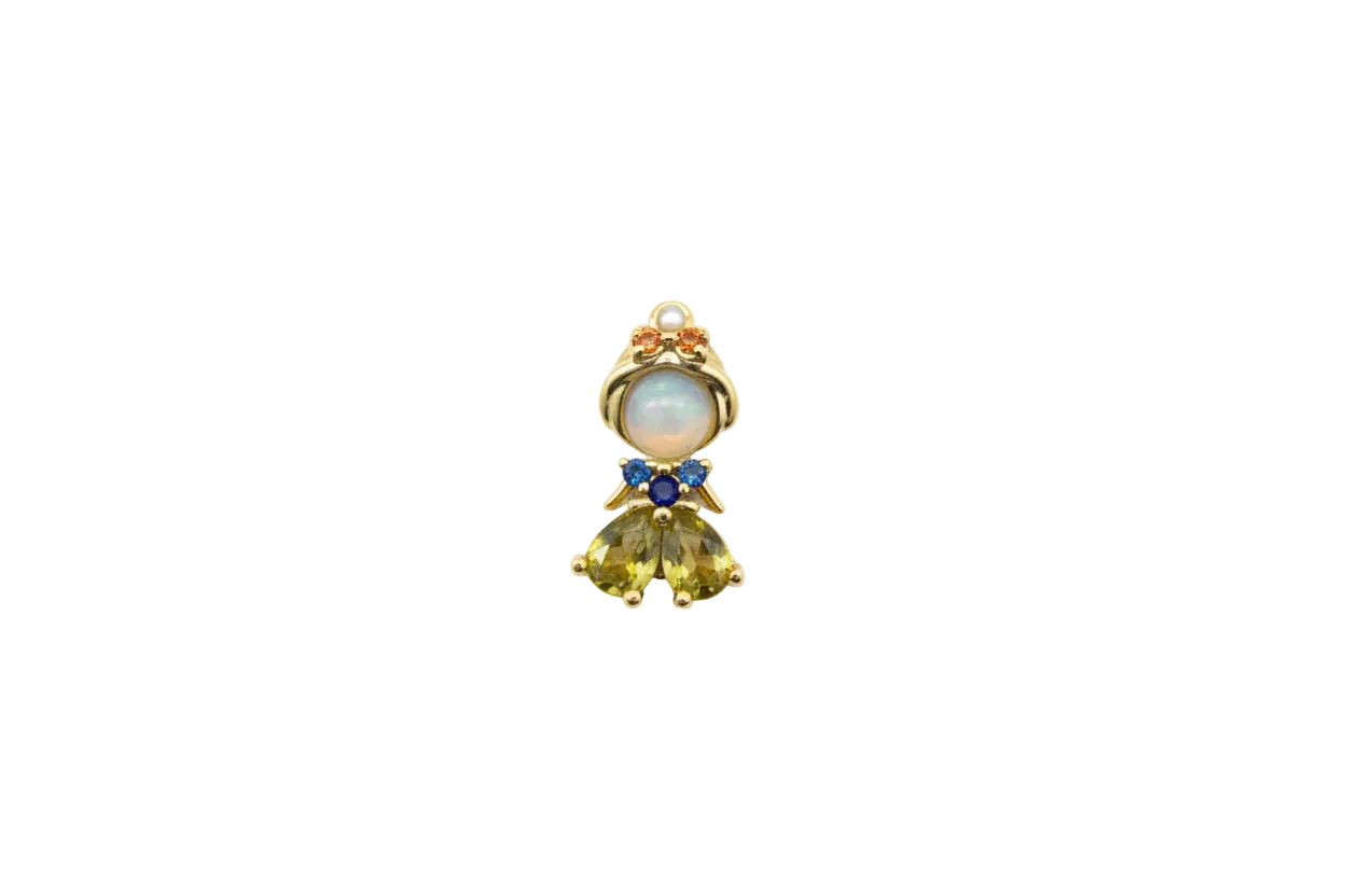 Gold angel figure with opalescent orb and multicolor crystals