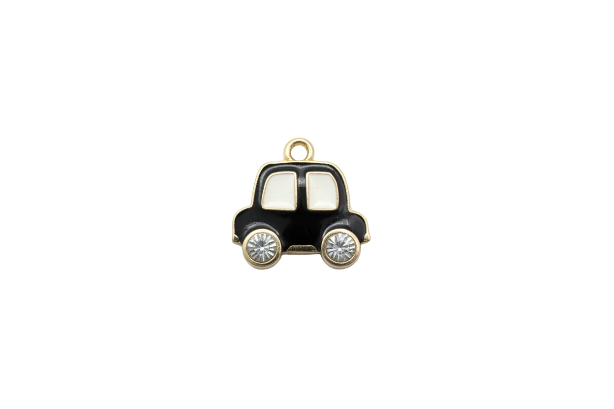 Black car silhouette with gold trim and clear crystal wheels