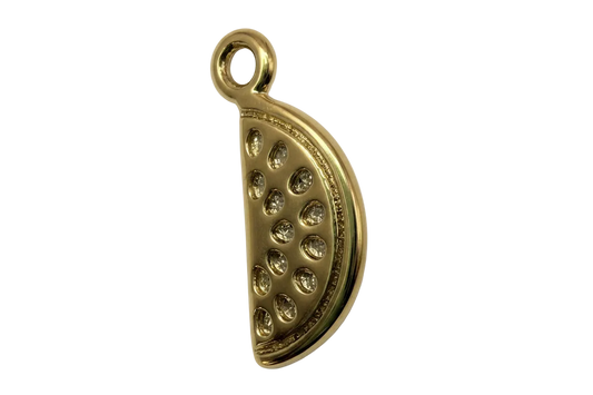 Gold half-moon pendant with recessed clear pavé stones and polished finish