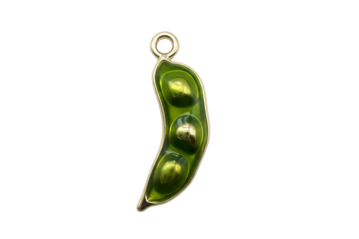 Translucent green pea pod charm with three peas and polished gold outline