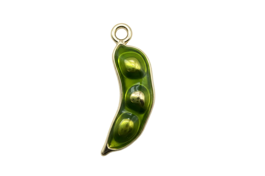 Translucent green pea pod charm with three peas and polished gold outline