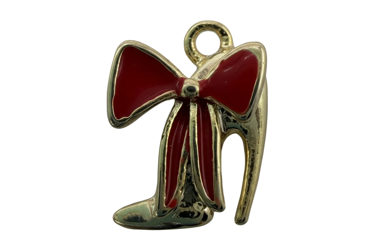 Gold boot charm with glossy red enamel bow and contrast inlay