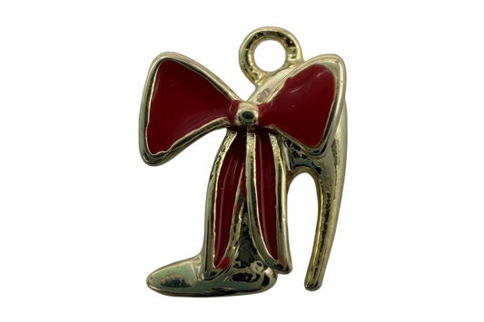 Gold boot charm with glossy red enamel bow and contrast inlay