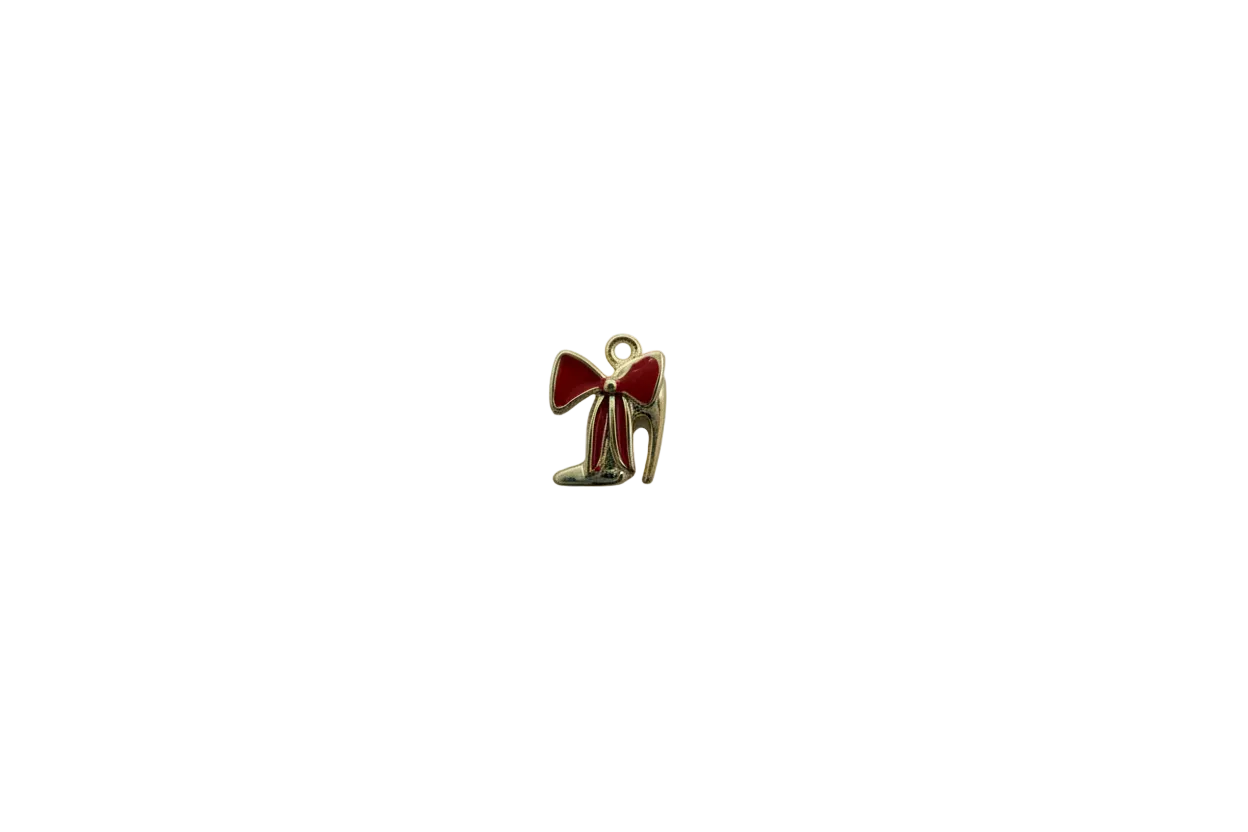 Gold boot with glossy red enamel bow