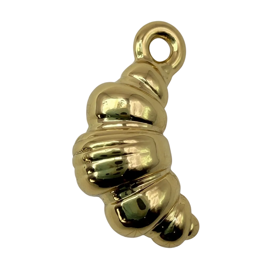 Mirror-polished gold croissant pastry charm with puffy ridges