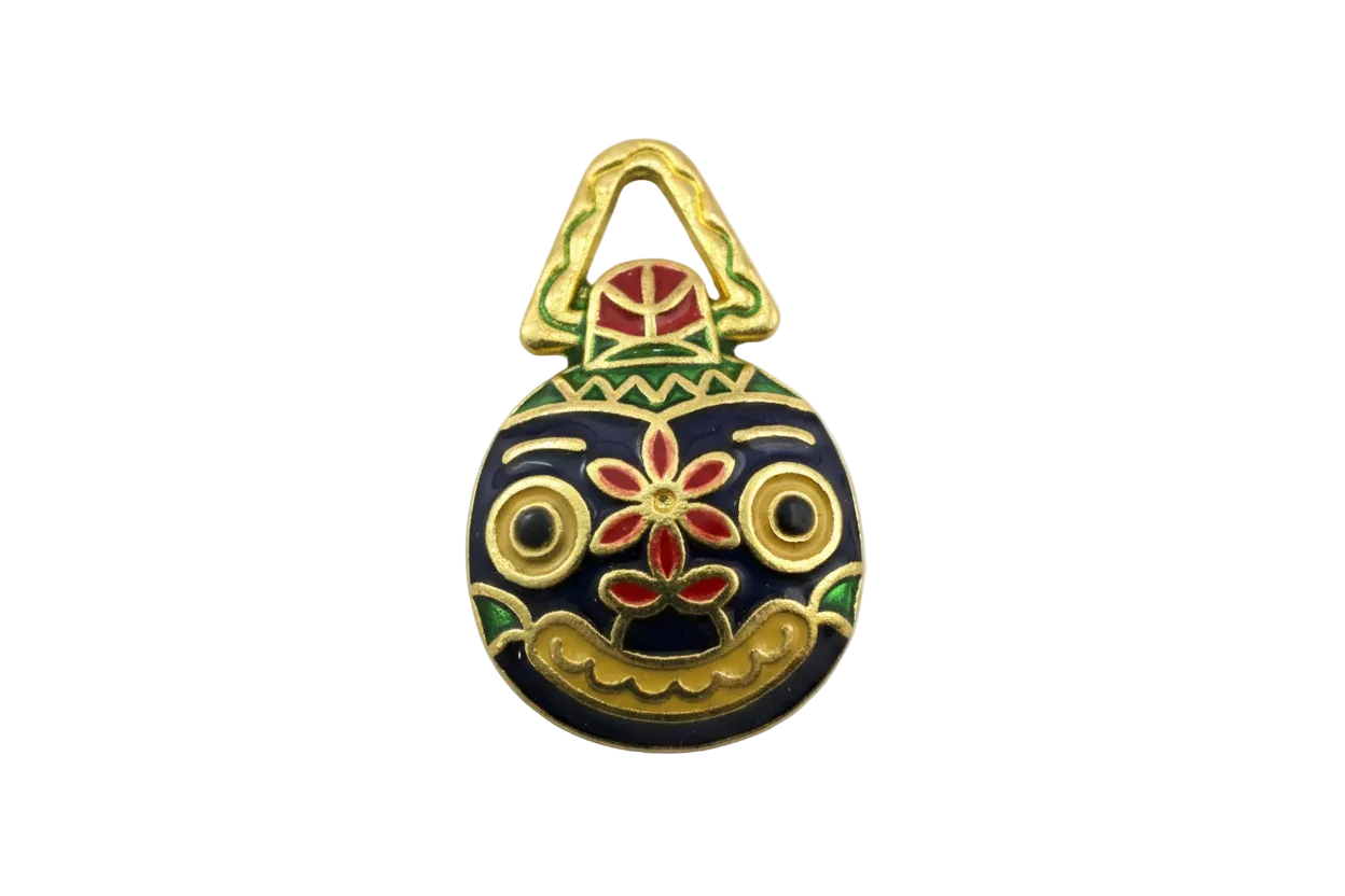 Navy enamel owl handbag motif with red flower and gold accents