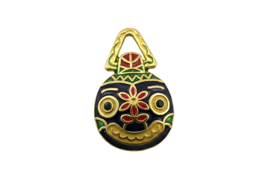 Navy enamel owl handbag motif with red flower and gold accents