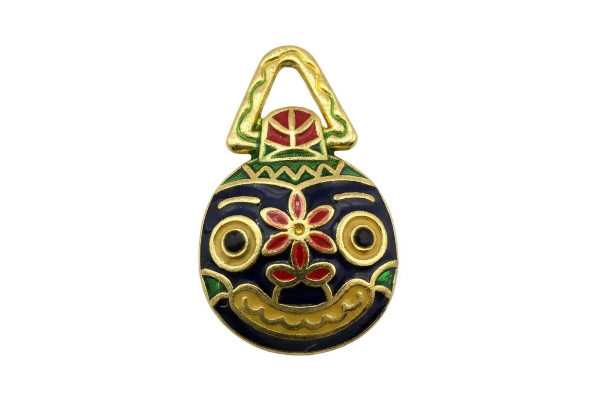 Gold-toned floral handbag charm with navy enamel, red flowers, and green accents