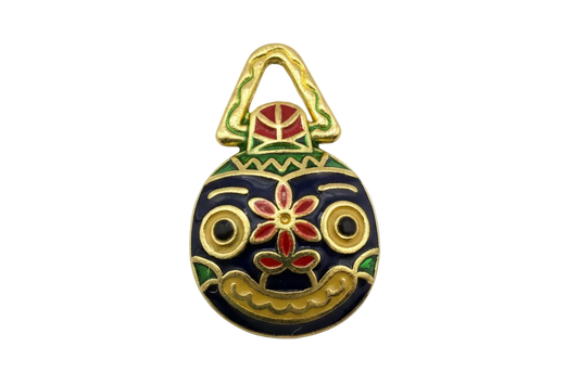 Gold-toned floral handbag charm with navy enamel, red flowers, and green accents