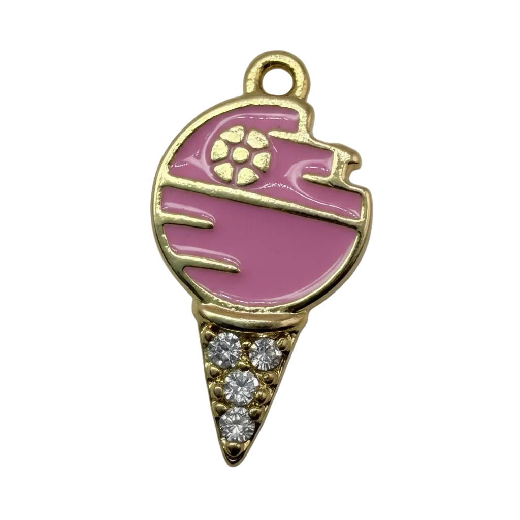 Pink enamel ice cream cone charm in gold with clear crystal accents