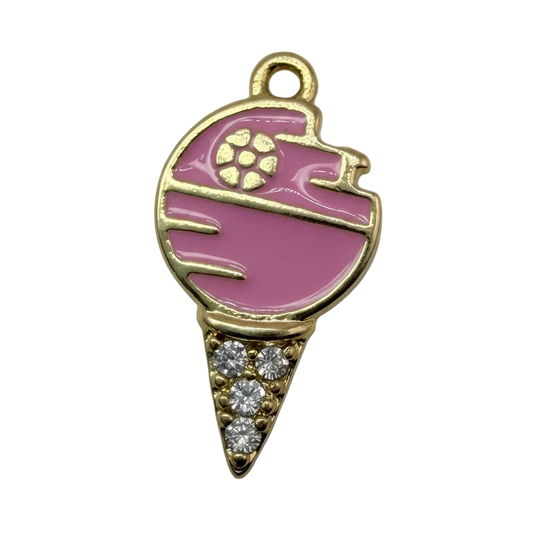Pink enamel ice cream cone charm in gold with clear crystal accents