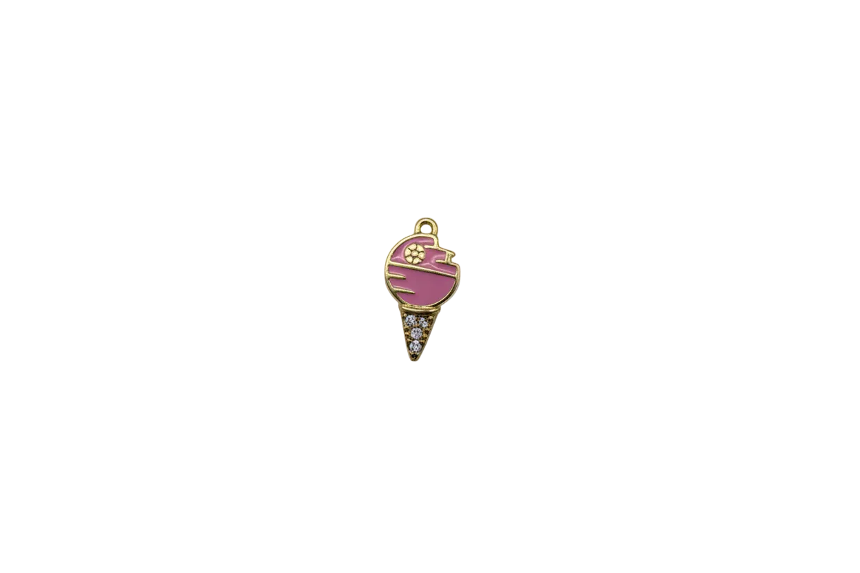 Pink enamel ice cream cone in gold with clear crystals