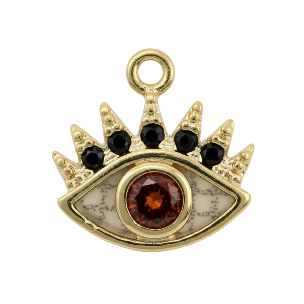Gold crowned eye emblem with marbled ivory inlay, amber faceted center gem, and black bead accents