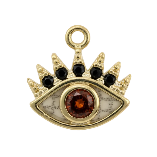 Gold crowned eye emblem with marbled ivory inlay, amber faceted center gem, and black bead accents