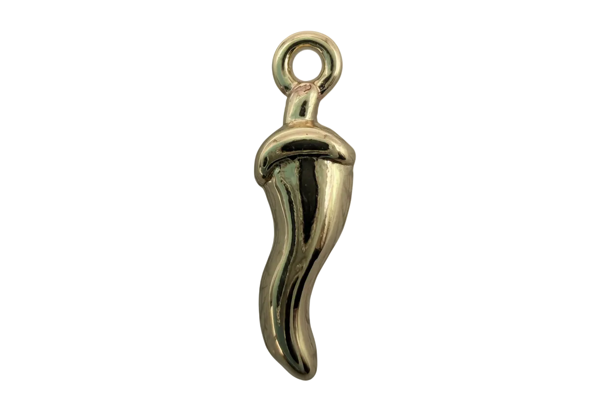 High-polish gold curved horn talisman charm with a sleek sculpted silhouette