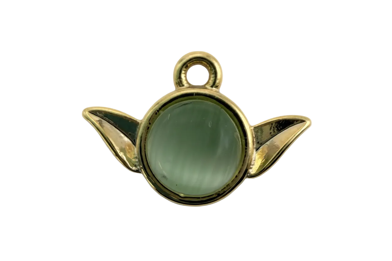 Gold winged orb charm with round sage green cabochon gem