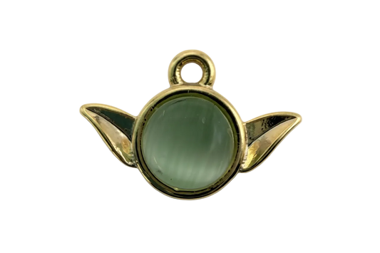 Gold winged orb charm with round sage green cabochon gem