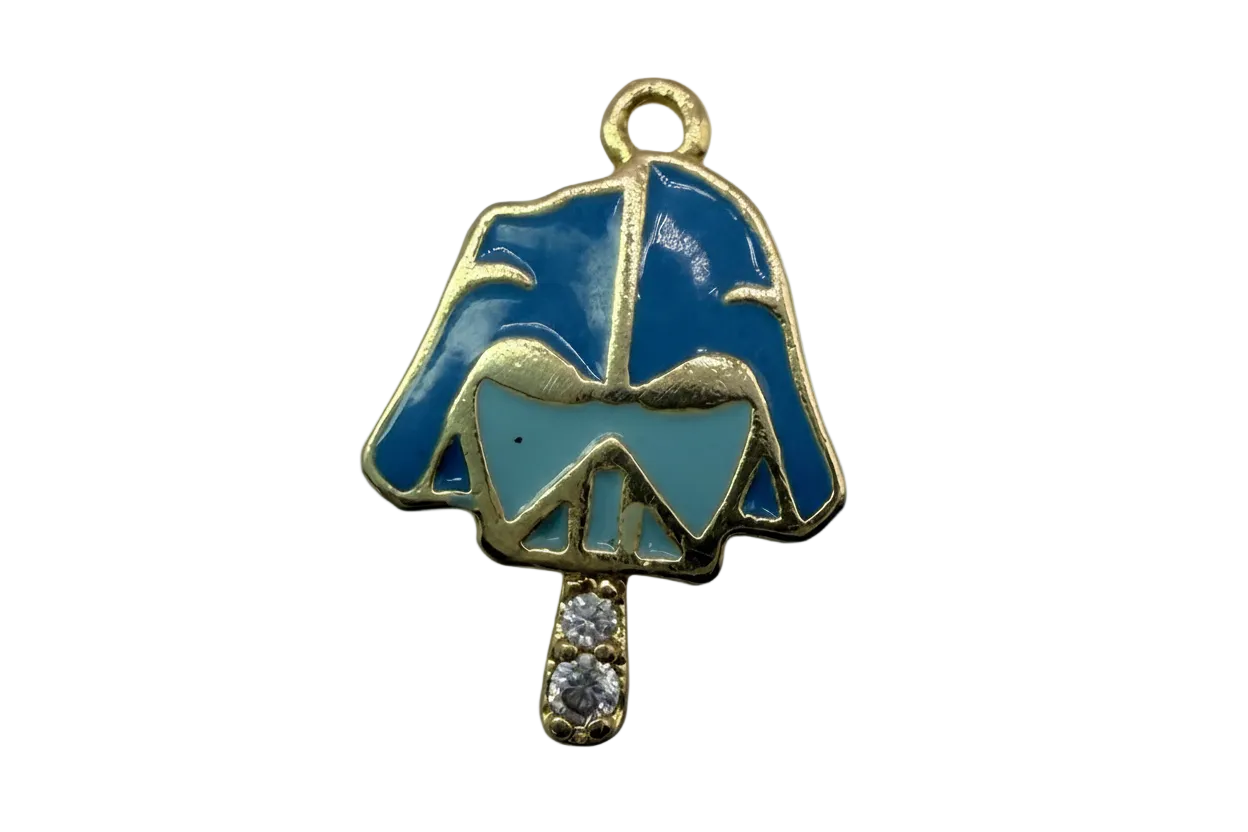 Blue enamel umbrella in gold outline with two clear gems on the handle