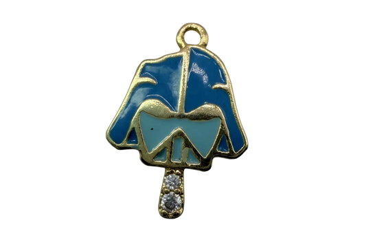 Blue enamel umbrella in gold outline with two clear gems on the handle