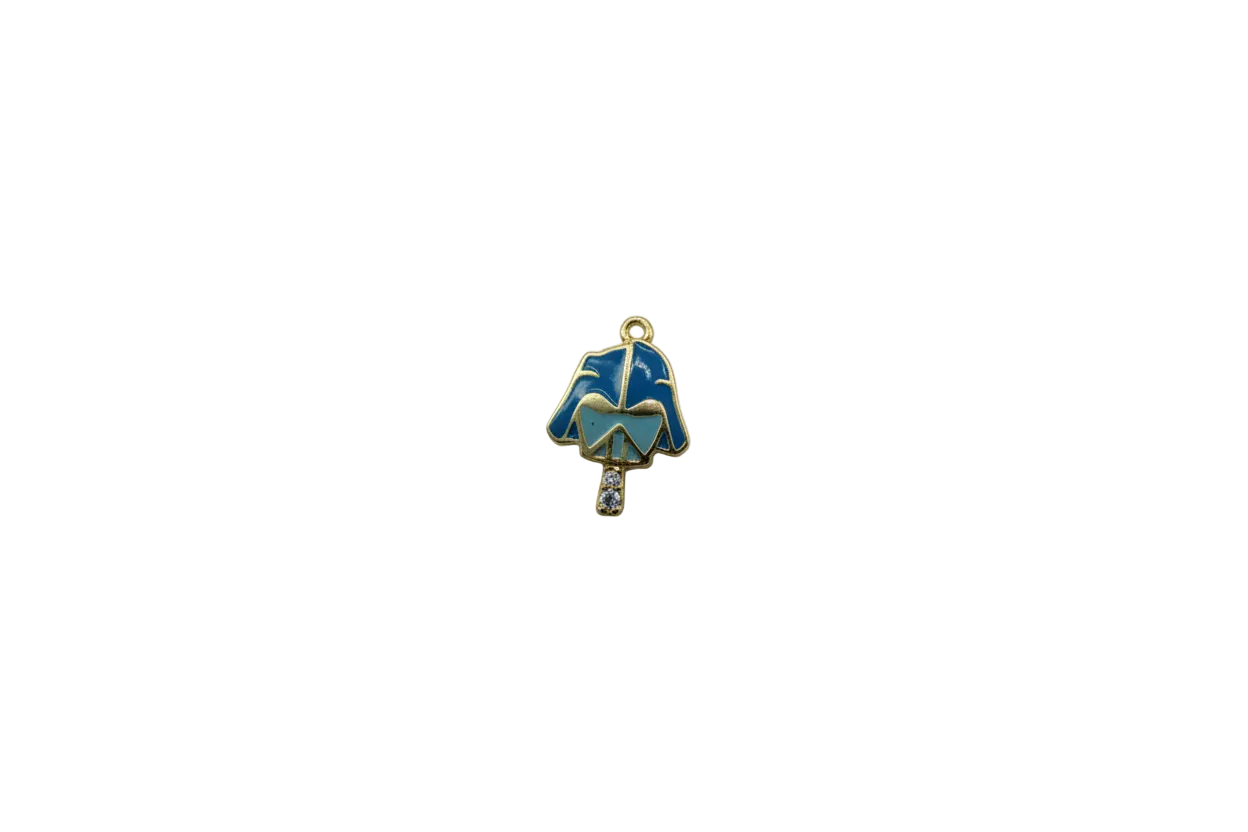 Blue umbrella with gold outline and two clear gems