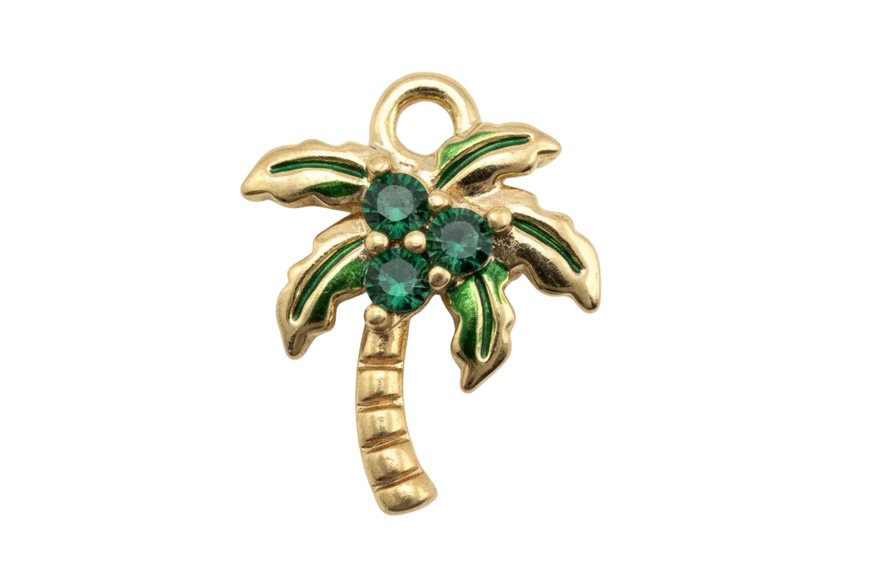 Gold palm tree pendant with three deep green faceted gems