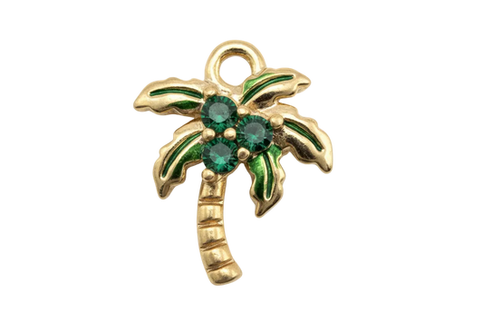 Gold palm tree pendant with three deep green faceted gems