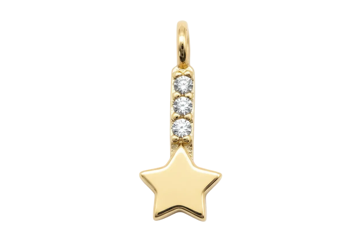Polished gold star charm with three clear round gems in a vertical row