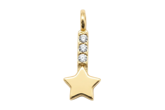 Polished gold star charm with three clear round gems in a vertical row