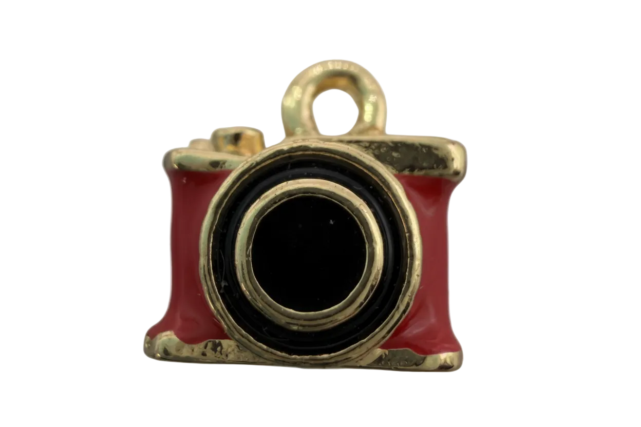 Red enamel camera charm with black lens and gold-tone trim