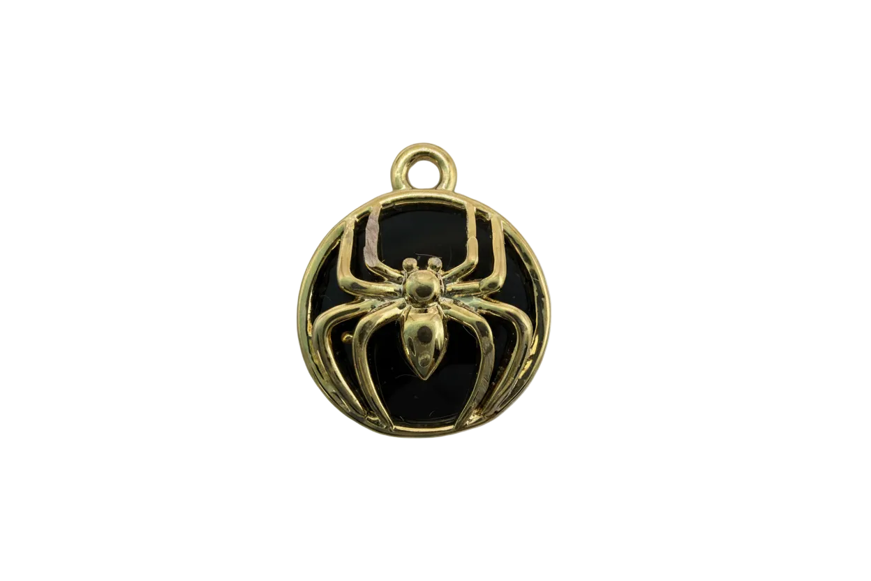 Gold spider on glossy black round medallion pendant