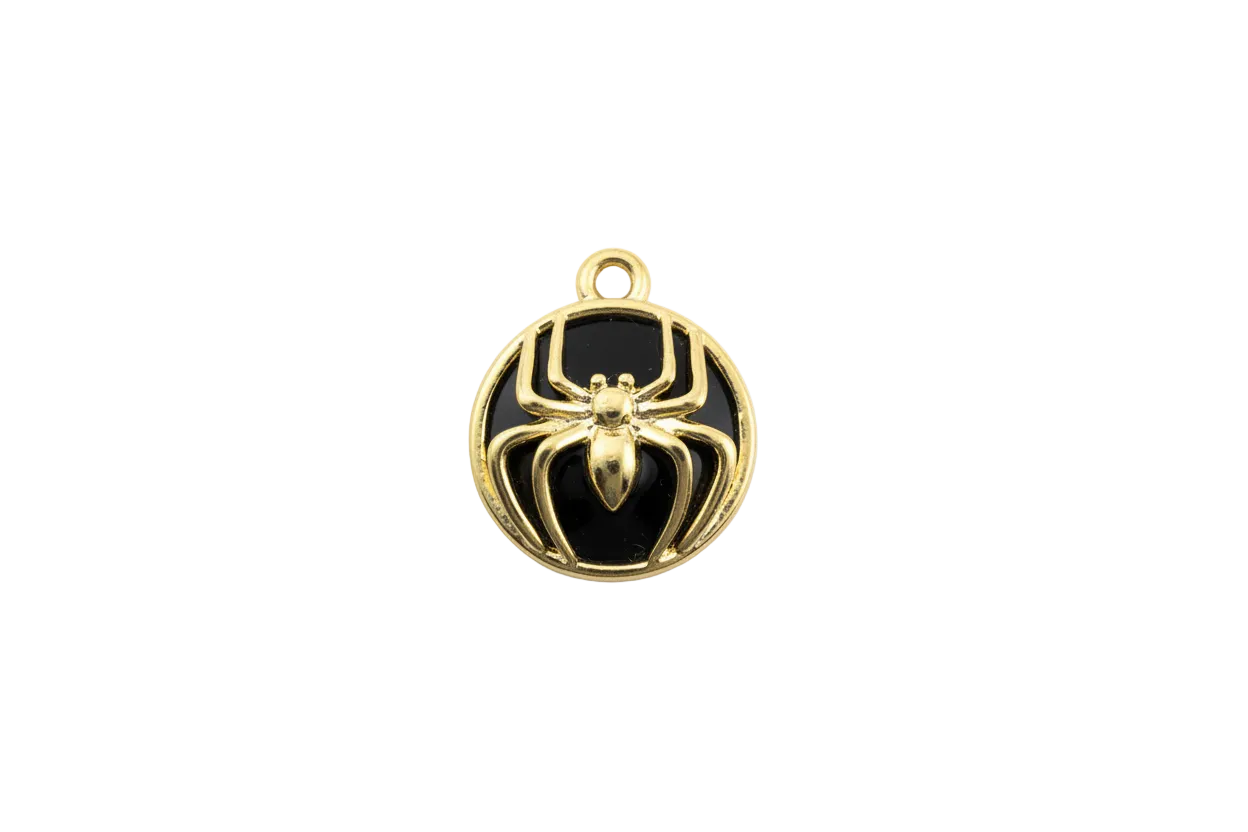 Gold spider on black round medallion
