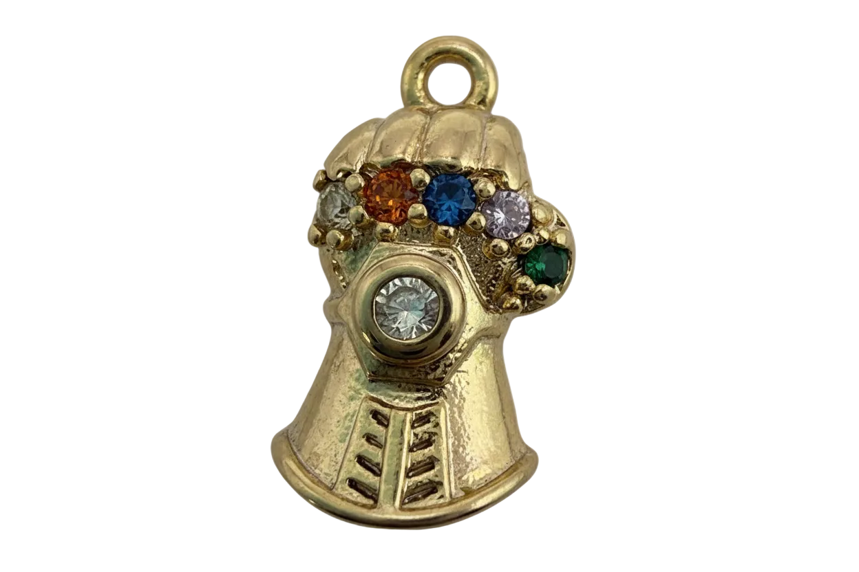 Gold gauntlet fist charm with multicolor crystals and a clear center gem